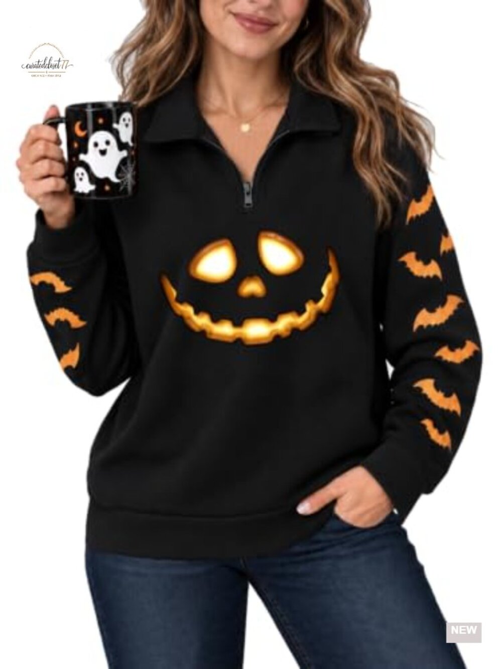 Women's Halloween Half Zip Hooded Sweatshirt Pumpkin Ghost Cat Print